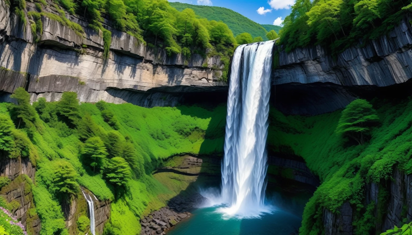 Close-up of a majestic waterfall, blooming flower vines hanging down below the waterfall, waterfall flowing down to a stream of blooming flowers all around,first-person view, panorama, UHD,(Best Quality),(Masterpiece Photos), (Details:1.4),(8k Highly Detailed)(Best Quality),(Best Shading)