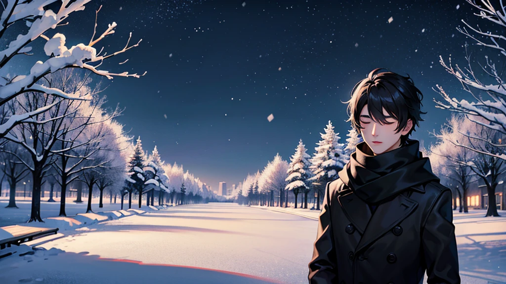 Pitch black suit、Winter Park、Snow is piled up、Standing in the park with his head down、Scarf and black jacket、Night Park, closed eyes, UHD, highres, best quality, 8k