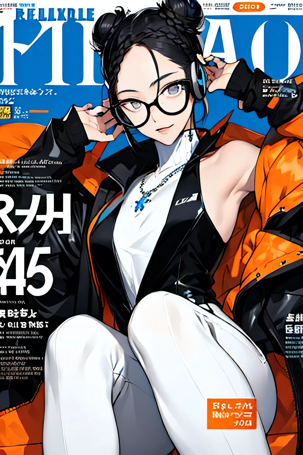 (magazine cover:1.3),ulzzang-6500, (realist: 1.3) (Original: 1.2), Masterpiece, of the highest quality, beautiful and clean face, whole body, 1 female, (Wearing black and white and cobalt sci-fi tech masks and headphones with complex electronic components), wearing black technical jacket and orange pants with buckle and ribbon, (crystal necklace), pose for a photo, (white braided bun hair), glasses 