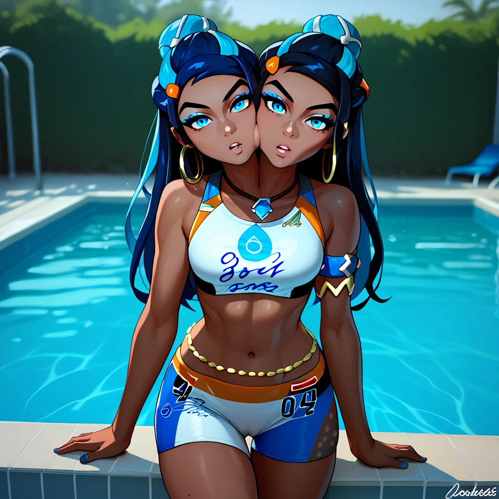 Kissing cheek, Conjoined, two heads, score_9, score_8_up, score_7_up,  EPpkNessa,, blue eyes, black hair, blue hair, streaked hair, single hair bun, dark skin, dark-skinned female,, swimsuit, sportswear, blue eyeshadow, makeup, bike shorts, belly chain, navel, jewelry, hoop earrings, midriff, necklace, bikini, crop top, armlet, swimming, looking at viewer, swimming pool