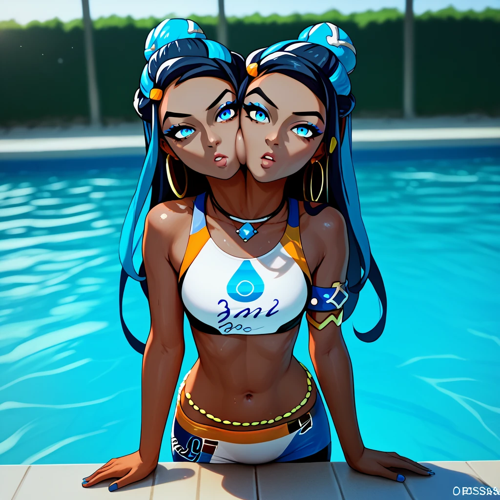 Kissing cheek, Conjoined, two heads, score_9, score_8_up, score_7_up,  EPpkNessa,, blue eyes, black hair, blue hair, streaked hair, single hair bun, dark skin, dark-skinned female,, swimsuit, sportswear, blue eyeshadow, makeup, bike shorts, belly chain, navel, jewelry, hoop earrings, midriff, necklace, bikini, crop top, armlet, swimming, looking at viewer, swimming pool