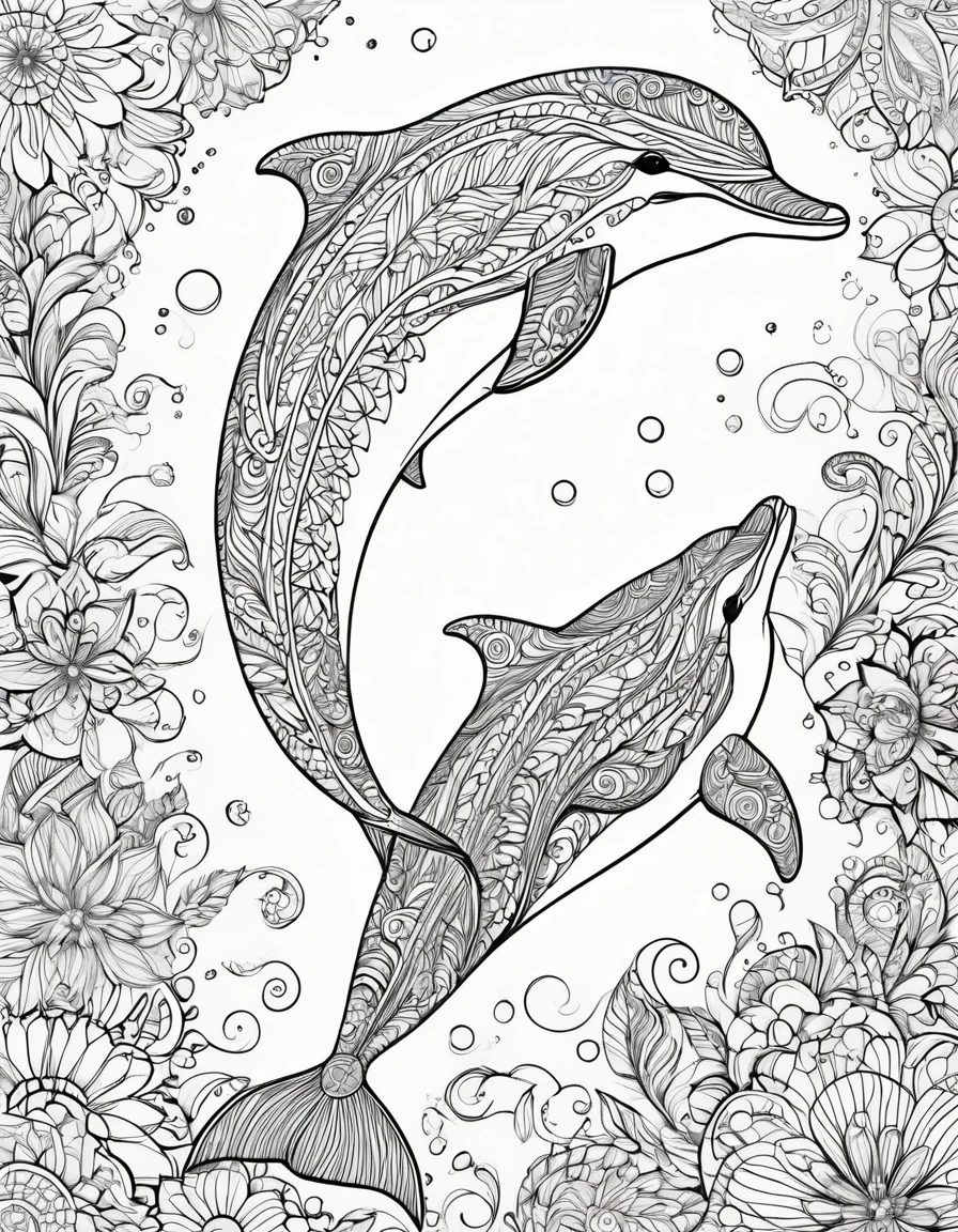 Create a coloring book design featuring soothing colors and intricate designs favored by women. Include relaxing elements such as white backgrounds, abstract shapes, mandala patterns, etc. Pay close attention to detail and make the design worth painting. The finished design should be detailed yet intuitive in color selection so that coloring enthusiasts can enjoy it for a long time. {Dolphins}