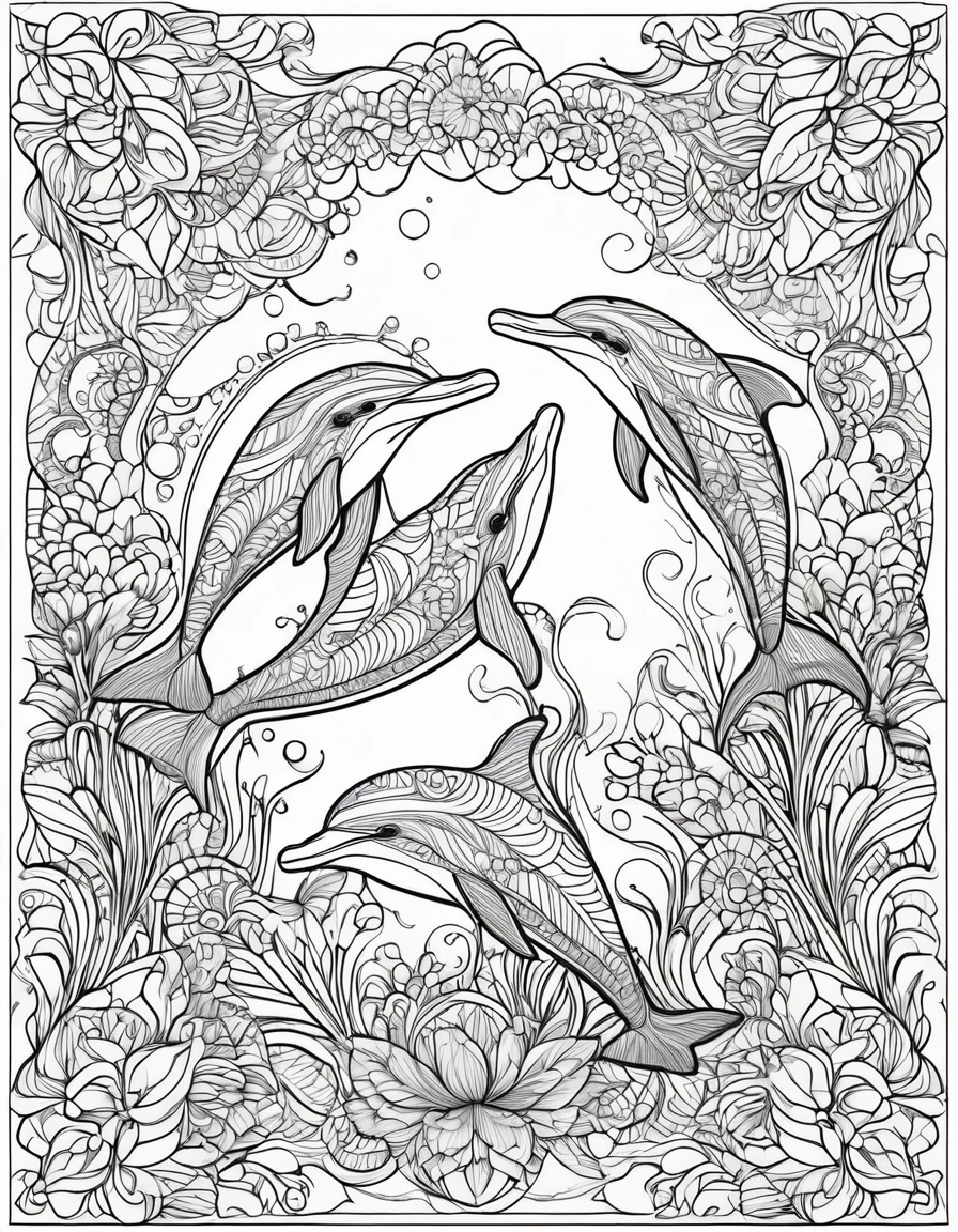 Create a coloring book design featuring soothing colors and intricate designs favored by women. Include relaxing elements such as white backgrounds, abstract shapes, mandala patterns, etc. Pay close attention to detail and make the design worth painting. The finished design should be detailed yet intuitive in color selection so that coloring enthusiasts can enjoy it for a long time. {Dolphins}