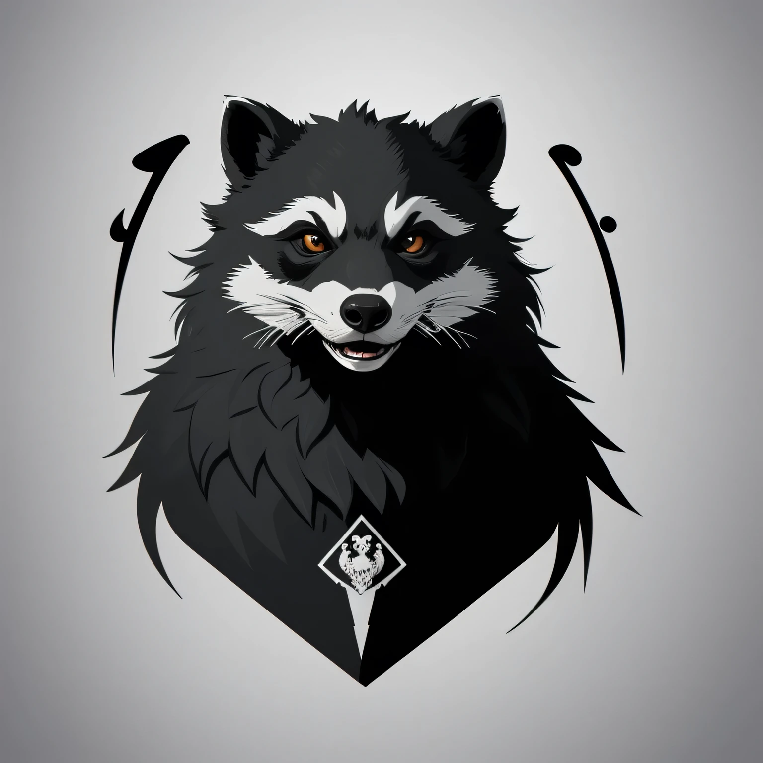 [black and white raccoon] Heraldic silhouette, logo masking style illustration, by dan mumford, by greg rutkowski, by james jean, black background, fantasy art, mysterious, cartoon, majestic, rich vibrant colors, high contrast, seamless water brand, artstation, deviantart, dribble, redbubble, teepublic, sharp focus, simple, hyper detailed, detailed drawing, vectorize, outline, isometric style, 8k."