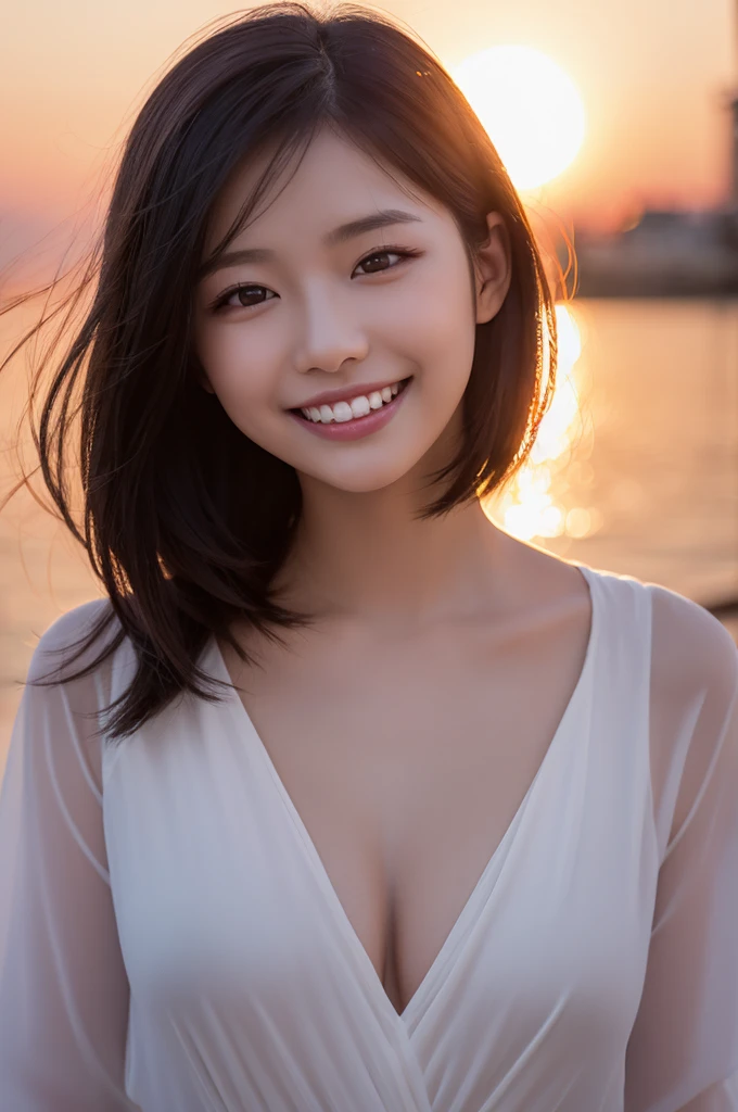 8k, (Hyper Reality: 1.35), (Realistic: 1.4), 1 Beautiful Korean Woman, smile, alone. light makeup, masterpiece, 最high quality, high quality, alone, , Latin, Puberty, Only one girl,((Perfect body)),最high quality)),((Hello)),((Very delicate and beautiful)),((Very shallow depth of field)), Hmph,((Incredibly shallow depth of field)). Familiar)), (((Very delicate and beautiful)), (((Very shallow depth of field))), Hmph, (((Unbelievably absurd))), (((Perfect body))), (((Black Hair )))) ))), ((( Camera Eye)))),(((A happy and wonderful smile))), poor, my + background, Dynamic Angle, Focus on women, {Particles of light}, Detailed background, ((Paul Hedley)), Soft lighting, (dramatic) sunset), sunset, very beautiful sunset, Live Action, Realistic, Top Angle, cute smile, (blurred background), 20-year-old, skinny, ((Wind)), ((Movement)), ((emotion)), ((colorful)), ((Beautiful Teeth)), Wither,backgroundはビーチ