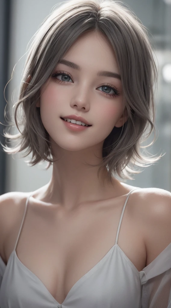 super realistic eyes、fashion model 20 years old, cute, [[[[moist eyes]]]], [[[[closeup]]]], [[[[chest]]]], [[[[neck]]]], [[[[shoulders]]]], perfect eyes, perfect iris, perfect lips, perfect teeth, perfect skin, soft front light, glow, HDR, (muted colors:1.2), Beautiful girl from Eastern Europe with her mouth closed、astonishing beauty、solo、Smile、beautiful face、Upper body、medium side cut、Beautiful short gray hair styled、beautiful little face woman, solo,　black theme,　look at the audience,one woman, It&#39;s real, Wolfzan-6500-V1.3, anime、animeスタイル、beautiful realistic eyes、casual dress、portrait beautiful detailed woman, very detailedな目と顔, Reality, beautiful detailed eyes, huge file size, Super detailed, High resolution, very detailed, highest quality, masterpiece, An illustration, very detailed, ticker, Unite, 8K painting wallpaper, fine, fine details, masterpiece, highest quality, Hvery detailed ticker uniform 8K wallpaper, face light movie lighting、cuteブラウス, dark background, oil, masterpiece, diffused soft film lighting, Portrait, highest quality (perfect face:1.4),stunning girl pictures,(8K and、photorealistic:1.25) 、(lip gloss、eyelashes、shiny face、shiny skin、highest quality、超High resolution、Depth of the bounds written、chromatic aberration、caustic road lighting、natural shading、woman, (Ultra Realistic eyes, High Resolution), (High Definition Eyes, High Definition Hair, High Definition Face, High Definition Plump Lips), (Breast Open Off Shoulder), Bust, Upper Body, Affectionate Smile, (Best Picture Quality: 1.4), Raw Photo, (Realistic, Photography: 1.37), Professional Photographer, Film-like Light, (Fine Plane: 1 . 2),1 Woman, (Ultra Realistic, High Resolution), (High Definition Eyes, High Definition Hair, High Definition Face, High Definition Plump Lips), (Open Breasted Off Shoulder), Bust, Upper Body, Adorable Smile, (Top Quality:1.4), Raw Photo, (Realistic, Photo Realistic:1. 37), Professional Photography, Neat Face: 1 .2), (Representative Work: 1.3), (8K, Photo Rea