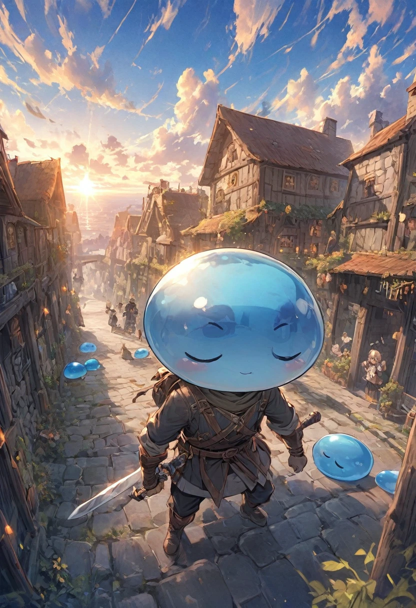 A small swordsman riding a blue slime, Dungeons、Clear blue sky、adventure、Fisheye Lens、SLR、Feel the depth、Fun Expressions、Gazing into the distance