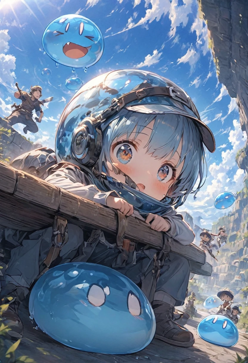 A small swordsman riding a blue slime, Dungeons、Clear blue sky、adventure、Fisheye Lens、SLR、Feel the depth、Fun Expressions、Gazing into the distance