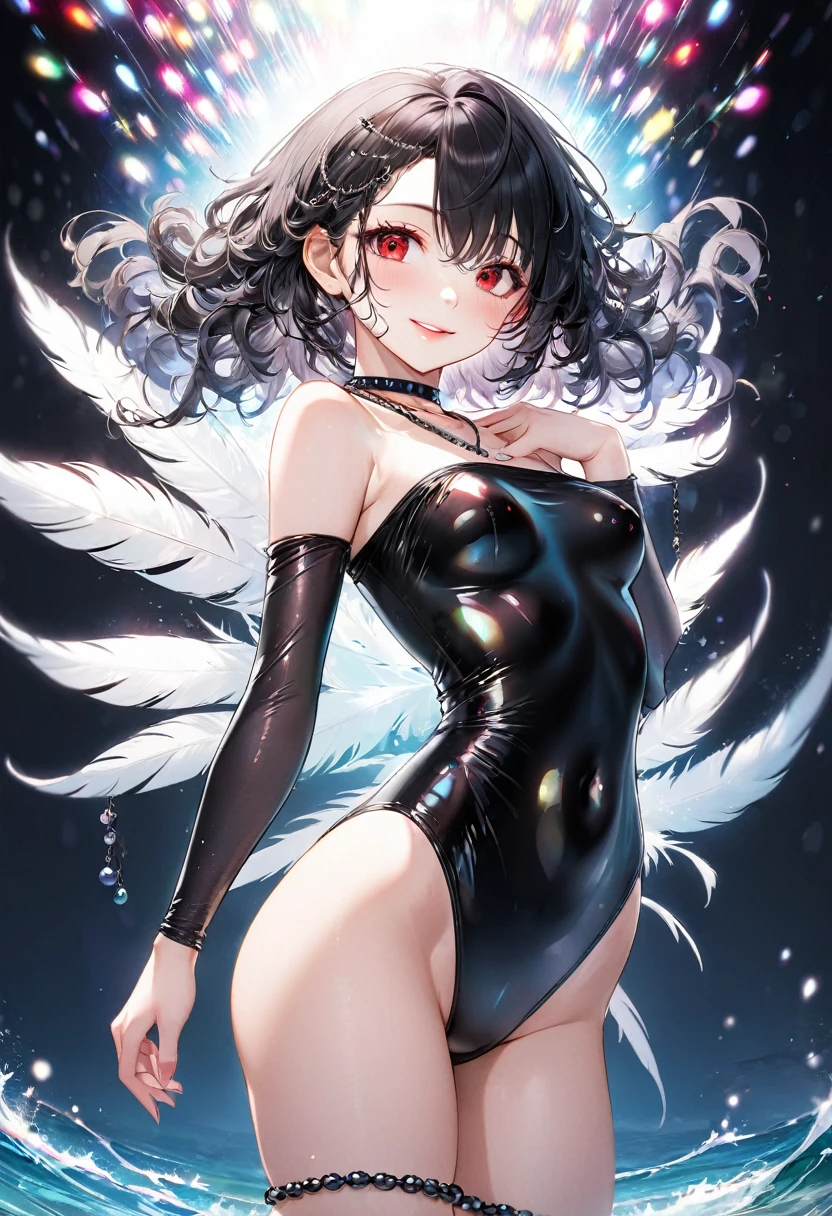 (full body, evil swimsuit style), (solo:2, 15 yo, curly:1.3 black hair long hair lovely sadist girl, sexy red eyes, love smile, medium tits, glossy lip), (in a black Black pearl chain Off shoulder one piece swimsuit, double exposure:1.3 black Feather), break, in the Swimsuit contest venue, background beautiful ocean and Double Exposure many feather of lights, BREAK, perfect anatomy, masterpiece, best quality, 16k, beautiful detailed love, sexy, daydreaming expression.