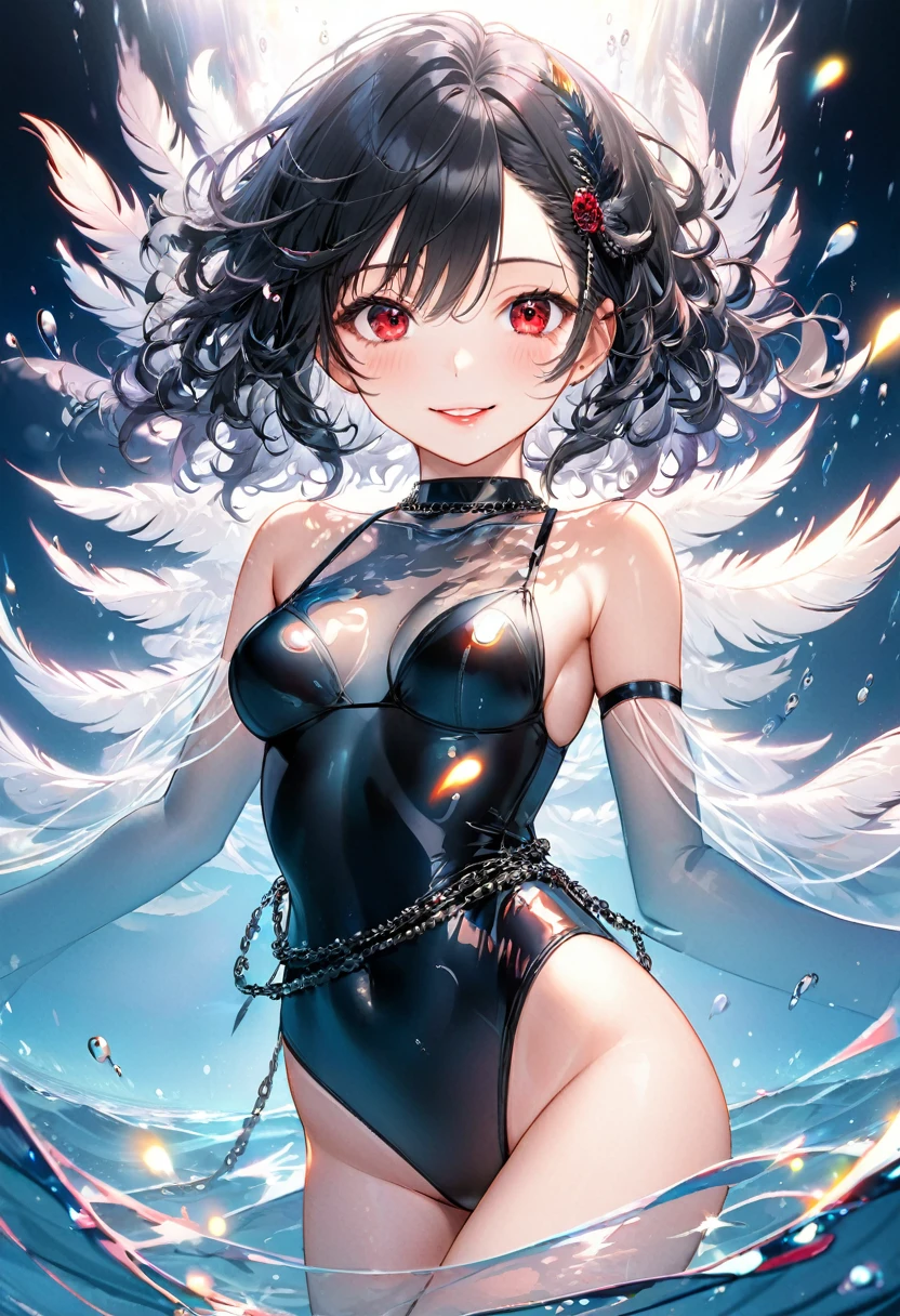 (full body, evil swimsuit style), (solo:2, 15 yo, curly:1.3 black hair long hair lovely sadist girl, sexy red eyes, love smile, medium tits, glossy lip), (in a black Black pearl chain Off shoulder one piece swimsuit, double exposure:1.3 black Feather), break, in the Swimsuit contest venue, background beautiful ocean and Double Exposure many feather of lights, BREAK, perfect anatomy, masterpiece, best quality, 16k, beautiful detailed love, sexy, daydreaming expression.