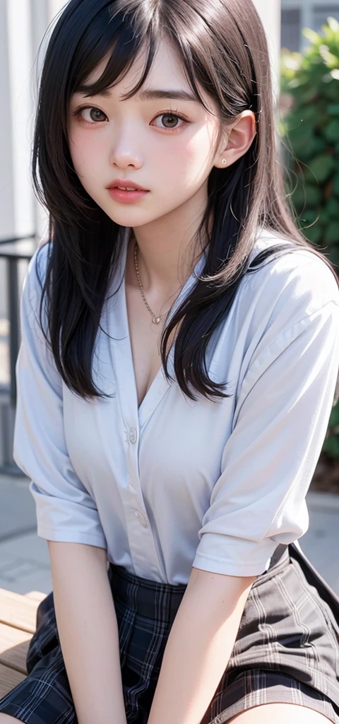 (1 nogizaka girl,15years old face,raw photo,photo realistic:1.5),(best quality, high quality,HDR, highest quality,ultra high resolution,high resolution,high res,ultra high difinition,huge file size,8K,2K wallpaper,8K wallpaper,high quality texture,amazing,an extremely delicate:1.4),one girl, Japanese famous idol,cute face,small face,absurd,ridiculous,incredibly ridiculous,blurry background,(school uniform,sailor suit,short hair,cleavage,no makeup:1.2),medium skin,beautiful skin,detailed skin,black hair,silky hair,black eyes,Japanese nose,5-fingers,(Light Particles, Lens Flare, Luminous Particles: 0.7),looking at viewer,small hands,bright lighting,professional lighting,girl