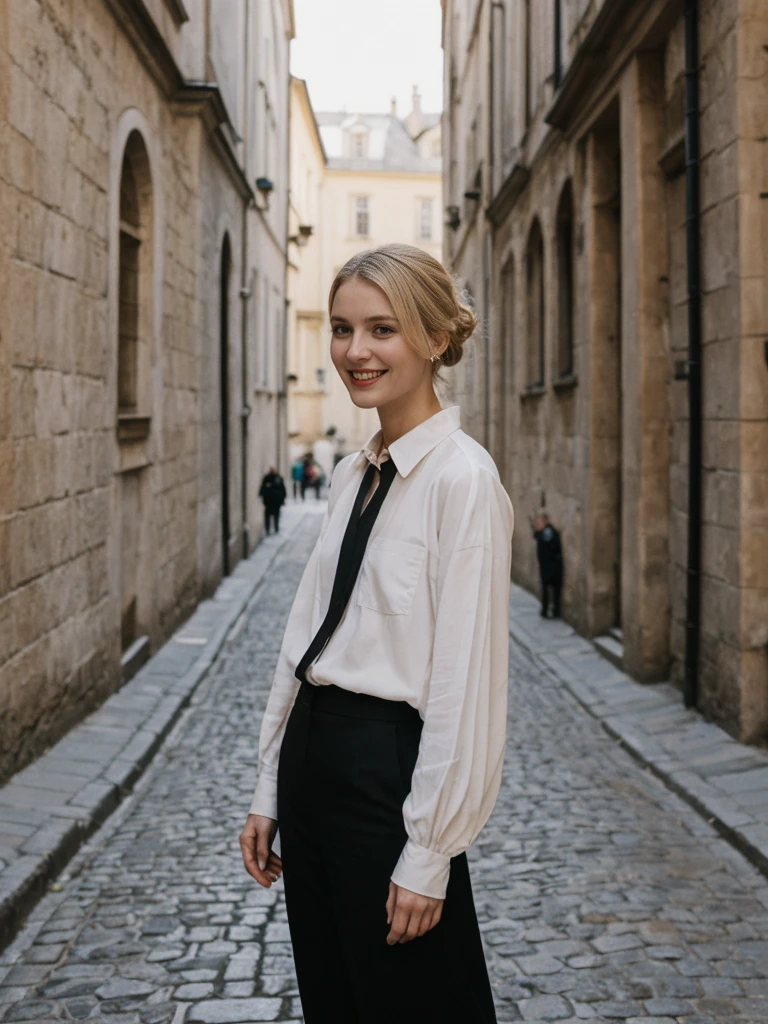 her name is Amelie, high quality, 1girl, ((25-year-old fit Caucasian woman)), ((25 years old)), ((SLIM)), ((Loose Chignon blonde hair)), smiling, pose: standing, wearing Refined Trendsetting Generation-Z modern wear pastel colored, BACKGROUND:"Wandering through the Gothic Quarter, with its narrow medieval streets, hidden squares, and stunning Gothic architecture."