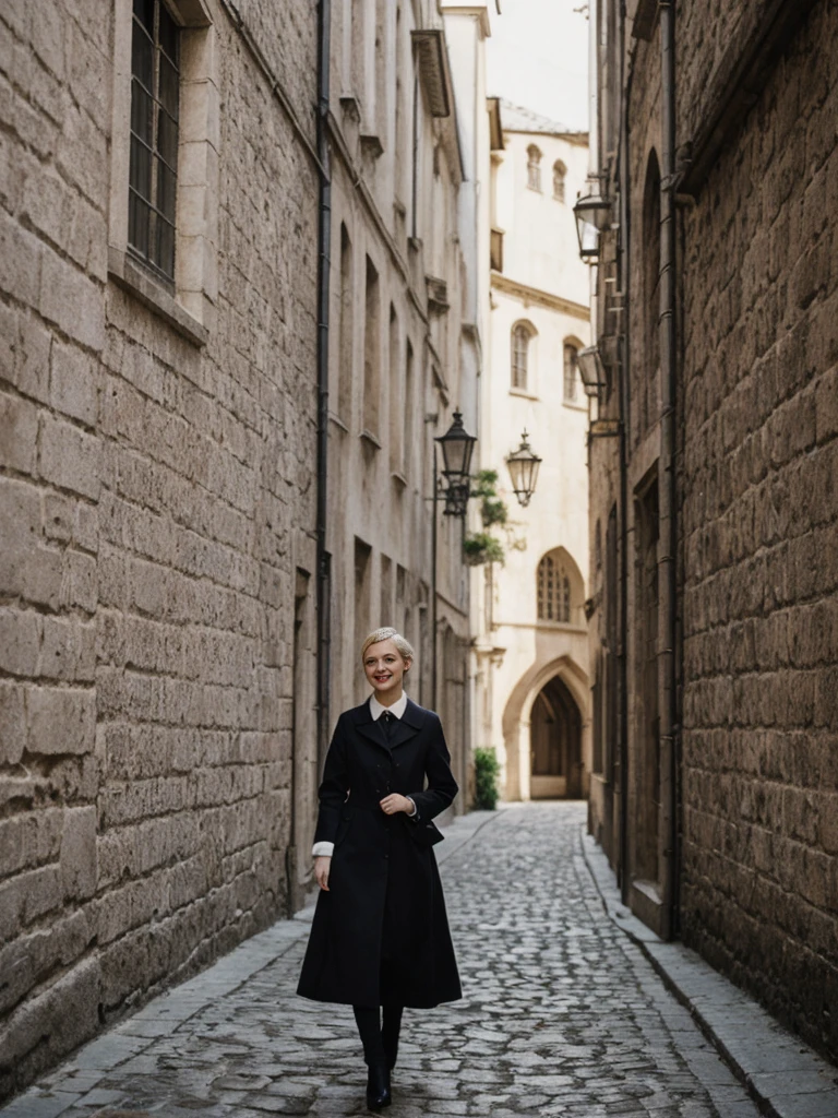 her name is Amelie, high quality, 1girl, ((25-year-old fit Caucasian woman)), ((25 years old)), ((SLIM)), ((Loose Chignon blonde hair)), smiling, pose: standing, wearing Refined Trendsetting Generation-Z modern wear pastel colored, BACKGROUND:"Wandering through the Gothic Quarter, with its narrow medieval streets, hidden squares, and stunning Gothic architecture."