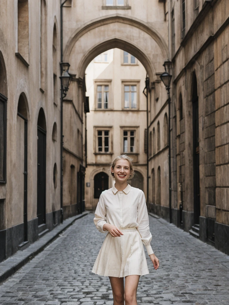 her name is Amelie, high quality, 1girl, ((25-year-old fit Caucasian woman)), ((25 years old)), ((SLIM)), ((Loose Chignon blonde hair)), smiling, pose: standing, wearing Refined Trendsetting Generation-Z modern wear pastel colored, BACKGROUND:"Wandering through the Gothic Quarter, with its narrow medieval streets, hidden squares, and stunning Gothic architecture."