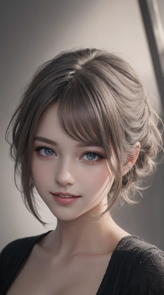 super realistic eyes、fashion model 20 years old, cute, [[[[moist eyes]]]], [[[[closeup]]]], [[[[chest]]]], [[[[neck]]]], [[[[shoulders]]]], perfect eyes, perfect iris, perfect lips, perfect teeth, perfect skin, soft front light, glow, HDR, (muted colors:1.2), Beautiful girl from Eastern Europe with her mouth closed、astonishing beauty、solo、Smile、beautiful face、Upper body、medium side cut、Beautiful short gray hair styled、beautiful little face woman, solo,　black theme,　look at the audience,one woman, It&#39;s real, Wolfzan-6500-V1.3, anime、animeスタイル、beautiful realistic eyes、casual dress、portrait beautiful detailed woman, very detailedな目と顔, Reality, beautiful detailed eyes, huge file size, Super detailed, High resolution, very detailed, highest quality, masterpiece, An illustration, very detailed, ticker, Unite, 8K painting wallpaper, fine, fine details, masterpiece, highest quality, Hvery detailed ticker uniform 8K wallpaper, face light movie lighting、cuteブラウス, dark background, oil, masterpiece, diffused soft film lighting, Portrait, highest quality (perfect face:1.4),stunning girl pictures,(8K and、photorealistic:1.25) 、(lip gloss、eyelashes、shiny face、shiny skin、highest quality、超High resolution、Depth of the bounds written、chromatic aberration、caustic road lighting、natural shading、woman, (Ultra Realistic eyes, High Resolution), (High Definition Eyes, High Definition Hair, High Definition Face, High Definition Plump Lips), (Breast Open Off Shoulder), Bust, Upper Body, Affectionate Smile, (Best Picture Quality: 1.4), Raw Photo, (Realistic, Photography: 1.37), Professional Photographer, Film-like Light, (Fine Plane: 1 . 2),1 Woman, (Ultra Realistic, High Resolution), (High Definition Eyes, High Definition Hair, High Definition Face, High Definition Plump Lips), (Open Breasted Off Shoulder), Bust, Upper Body, Adorable Smile, (Top Quality:1.4), Raw Photo, (Realistic, Photo Realistic:1. 37), Professional Photography, Neat Face: 1 .2), (Representative Work: 1.3), (8K, Photo Rea