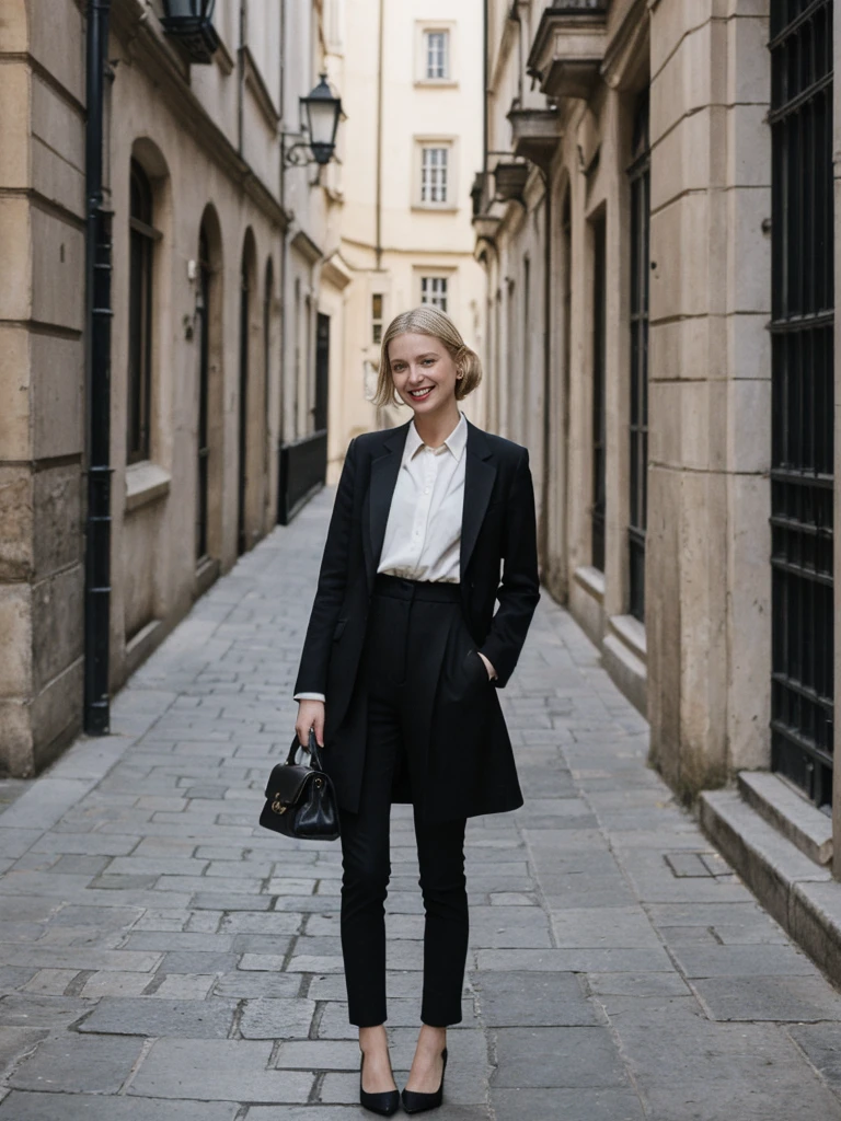 her name is Amelie, high quality, 1girl, ((25-year-old fit Caucasian woman)), ((25 years old)), ((SLIM)), ((Loose Chignon blonde hair)), smiling, pose: standing, wearing Refined Trendsetting Generation-Z modern wear pastel colored, BACKGROUND:"Wandering through the Gothic Quarter, with its narrow medieval streets, hidden squares, and stunning Gothic architecture."