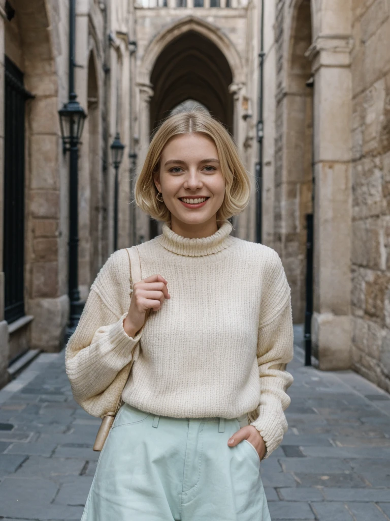 her name is Amelie, high quality, 1girl, ((25-year-old fit Caucasian woman)), ((25 years old)), ((SLIM)), ((Loose Chignon blonde hair)), smiling, pose: standing, wearing Refined Trendsetting Generation-Z modern wear pastel colored, BACKGROUND:"Wandering through the Gothic Quarter, with its narrow medieval streets, hidden squares, and stunning Gothic architecture."