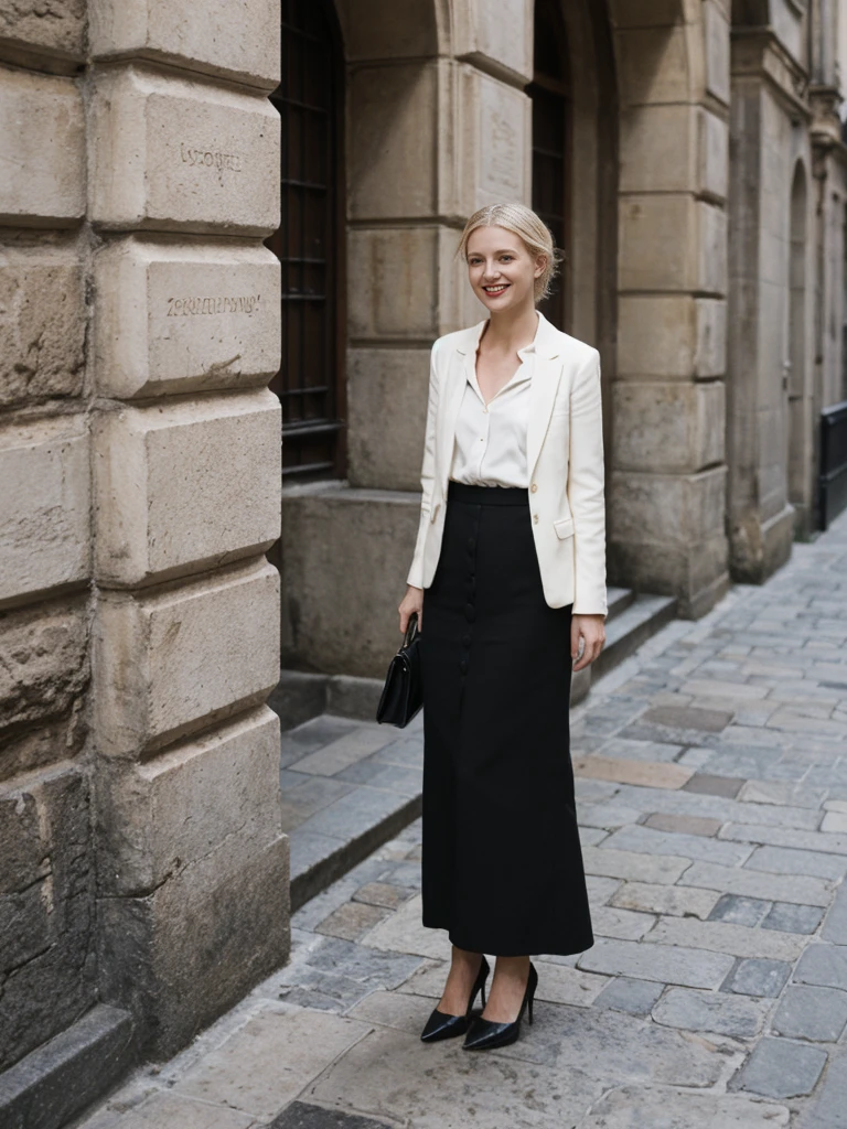 her name is Amelie, high quality, 1girl, ((25-year-old fit Caucasian woman)), ((25 years old)), ((SLIM)), ((Loose Chignon blonde hair)), smiling, pose: standing, wearing Refined Trendsetting Generation-Z modern wear pastel colored, BACKGROUND:"Wandering through the Gothic Quarter, with its narrow medieval streets, hidden squares, and stunning Gothic architecture."