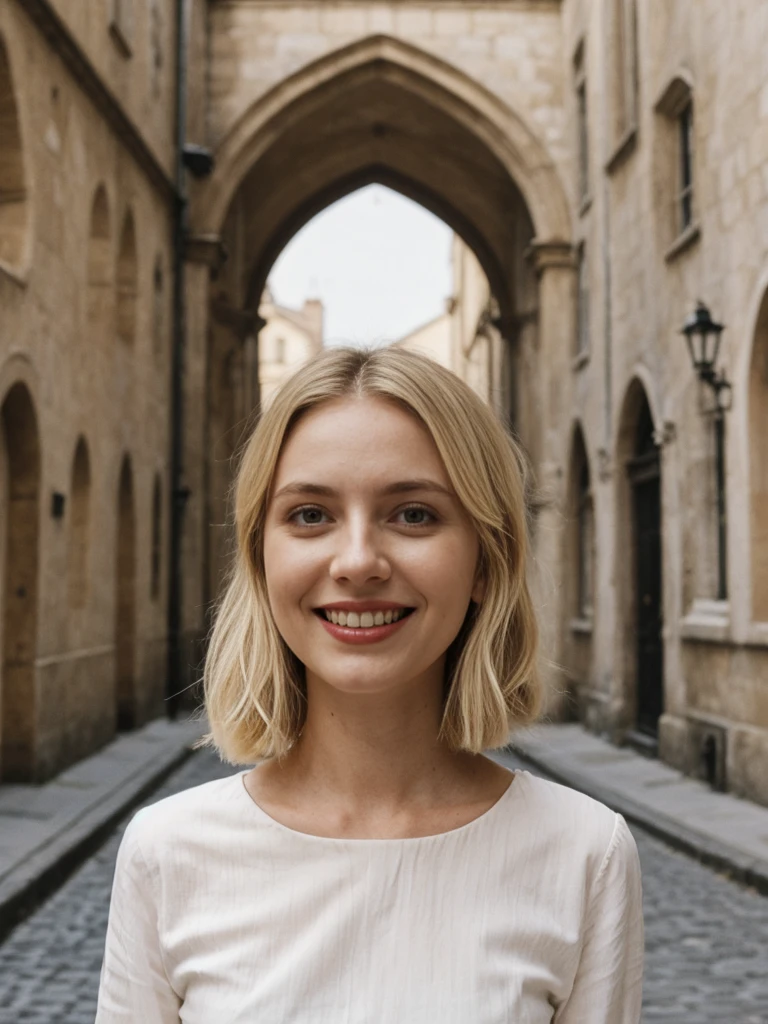 her name is Amelie, high quality, 1girl, ((25-year-old fit Caucasian woman)), ((25 years old)), ((SLIM)), ((Loose Chignon blonde hair)), smiling, pose: standing, wearing Refined Trendsetting Generation-Z modern wear pastel colored, BACKGROUND:"Wandering through the Gothic Quarter, with its narrow medieval streets, hidden squares, and stunning Gothic architecture."