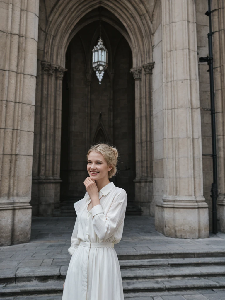 her name is Amelie, high quality, 1girl, ((25-year-old fit Caucasian woman)), ((25 years old)), ((SLIM)), ((Loose Chignon blonde hair)), smiling, pose: standing, wearing Refined Trendsetting Generation-Z modern wear pastel colored, BACKGROUND:"Wandering through the Gothic Quarter, with its narrow medieval streets, hidden squares, and stunning Gothic architecture."