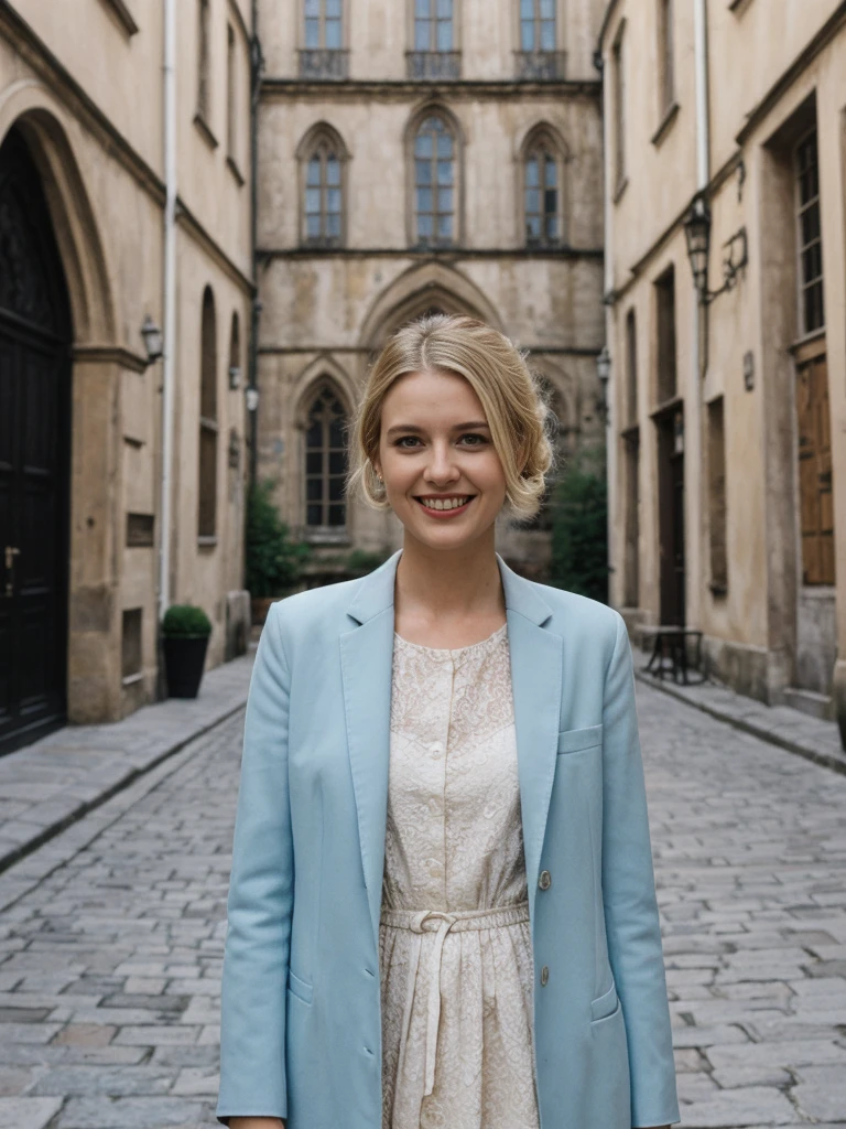 her name is Amelie, high quality, 1girl, ((25-year-old fit Caucasian woman)), ((25 years old)), ((SLIM)), ((Loose Chignon blonde hair)), smiling, pose: standing, wearing Refined Trendsetting Generation-Z modern wear pastel colored, BACKGROUND:"Wandering through the Gothic Quarter, with its narrow medieval streets, hidden squares, and stunning Gothic architecture."