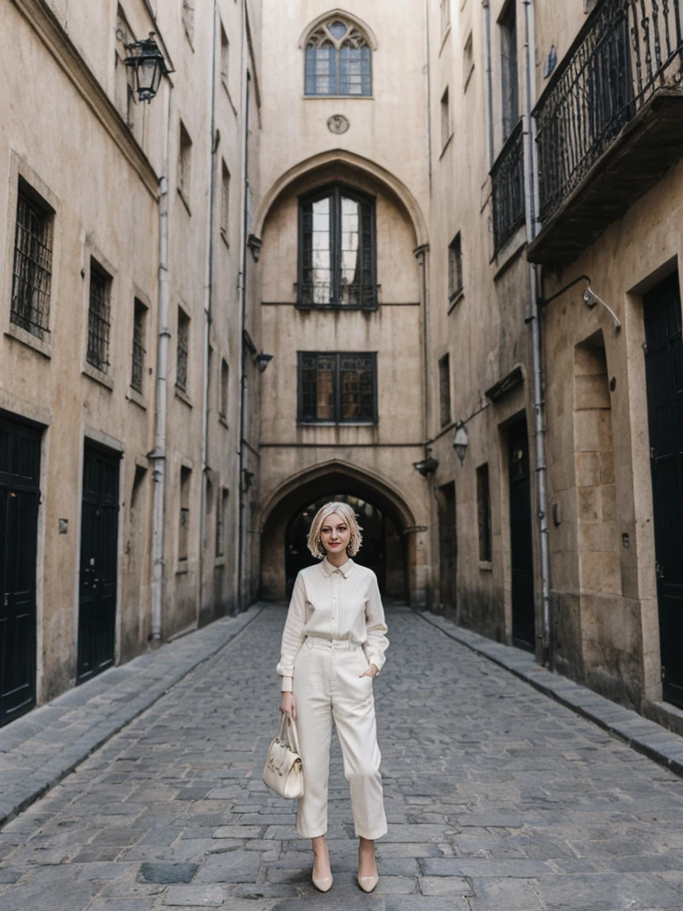 her name is Amelie, high quality, 1girl, ((25-year-old fit Caucasian woman)), ((25 years old)), ((SLIM)), ((Loose Chignon blonde hair)), smiling, pose: standing, wearing Refined Trendsetting Generation-Z modern wear pastel colored, BACKGROUND:"Wandering through the Gothic Quarter, with its narrow medieval streets, hidden squares, and stunning Gothic architecture."