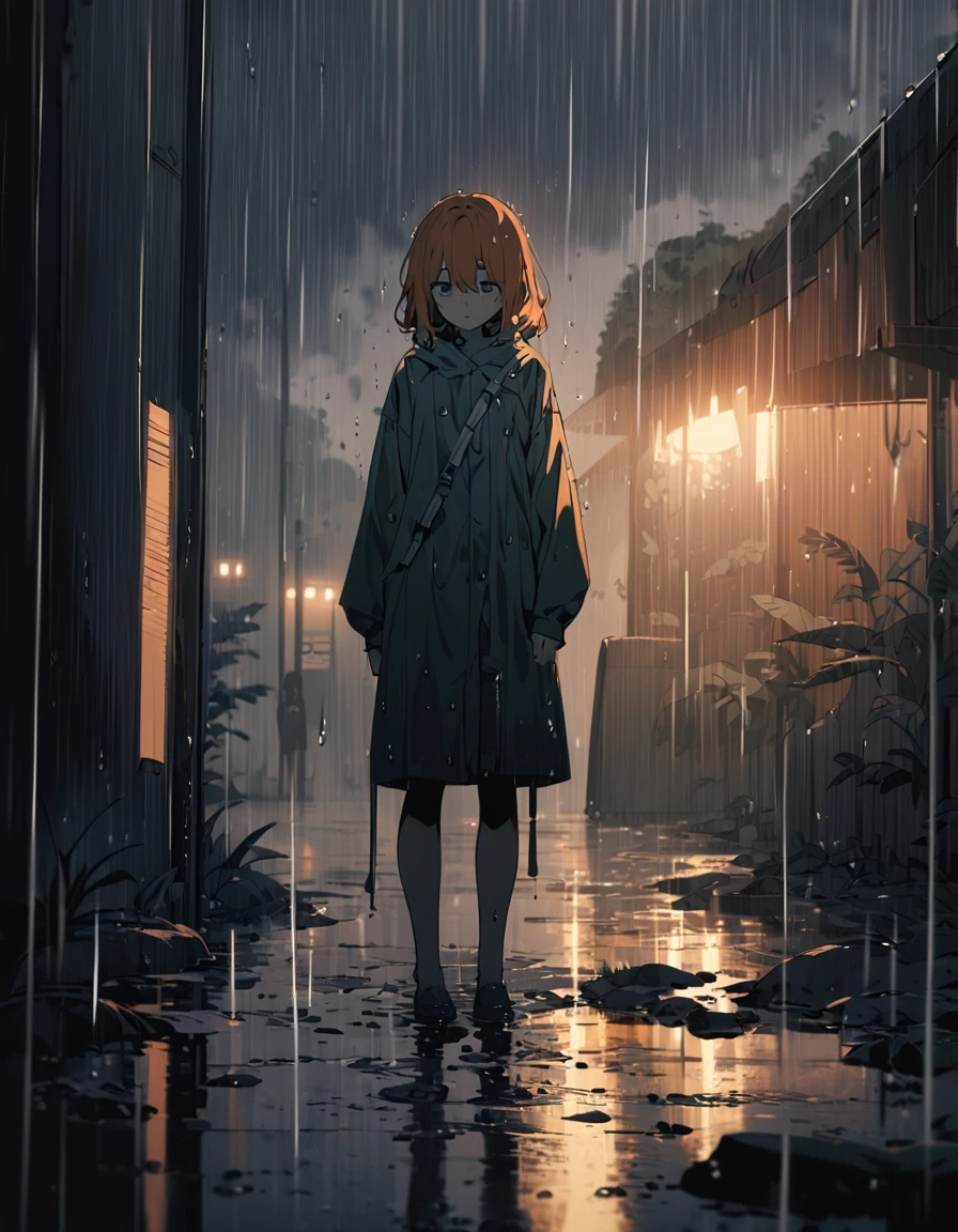 A beautiful detailed anime girl with short orange hair, standing in a rainy scene, sad scenes, taking shelter from the rain, subdued colors, dead eyes, intricate details, cinematic lighting, dramatic atmosphere, melancholic mood, moody weather, rain effects, puddles, wet surfaces, gloomy sky