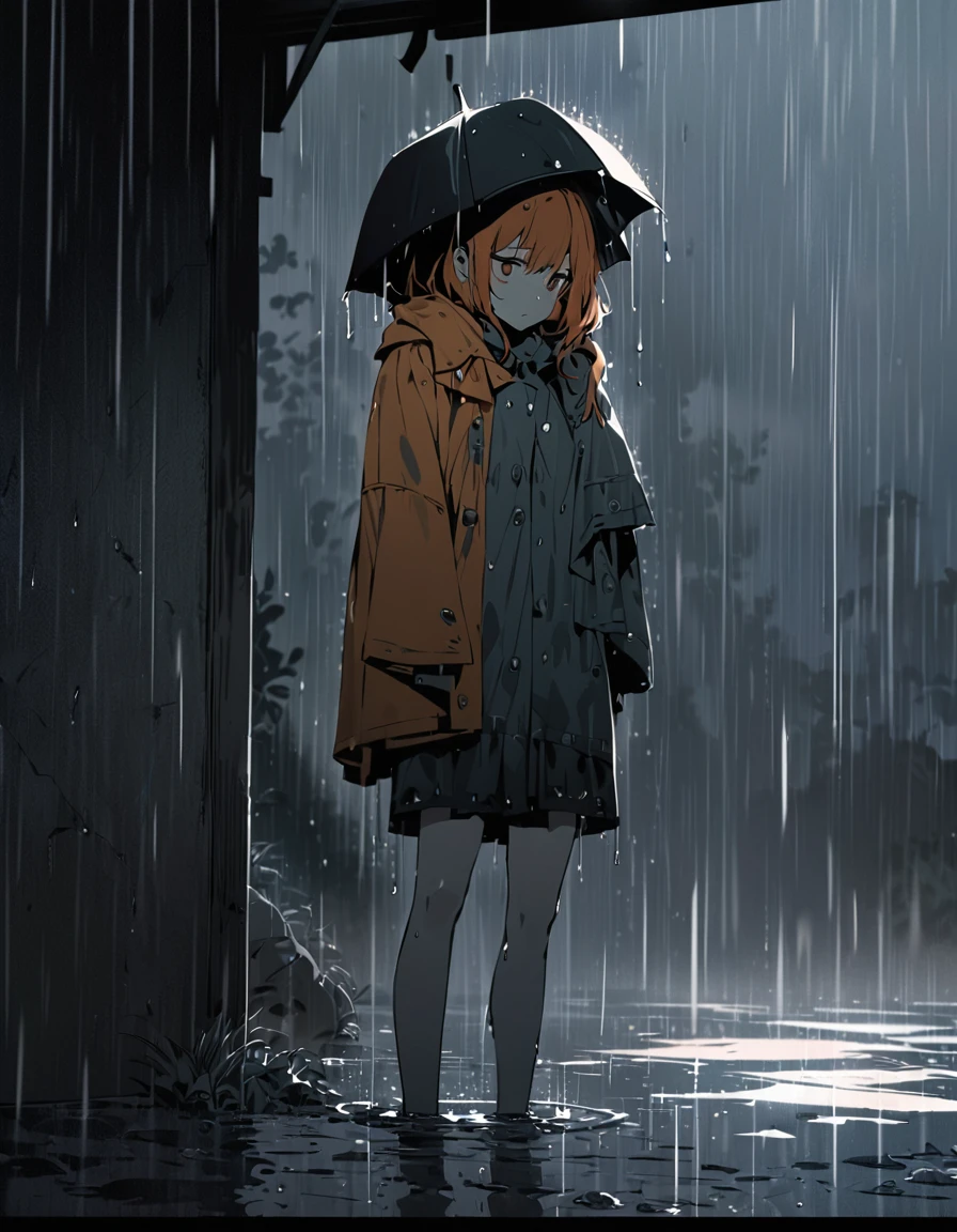 A beautiful detailed anime girl with short orange hair, standing in a rainy scene, sad scenes, taking shelter from the rain, subdued colors, dead eyes, intricate details, cinematic lighting, dramatic atmosphere, melancholic mood, moody weather, rain effects, puddles, wet surfaces, gloomy sky