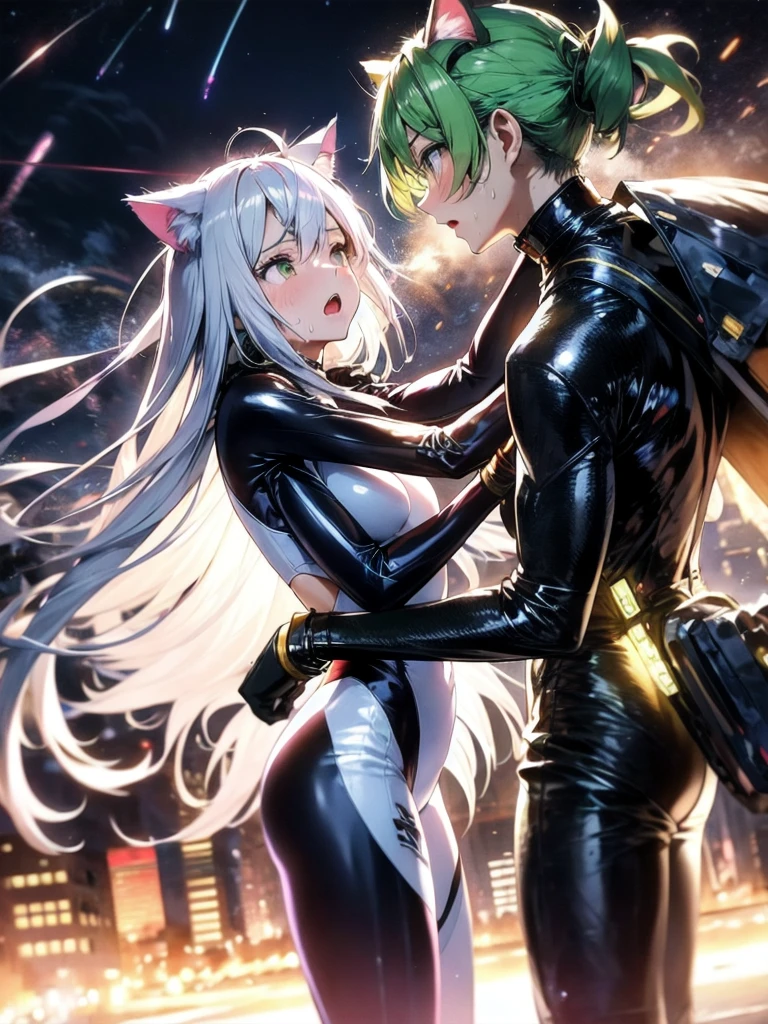 A silver-haired beautiful girl with cat ears eyes are green hair is silver and long clothes: a form-fitting black combat suit The fist is an afterimage The background is a city at night her is in a cat-like fighting pose The year is 14 years monitor, Dark Night, Sweat, Steam of Exhalation, Space, Battle, Dynamic Angle one girl