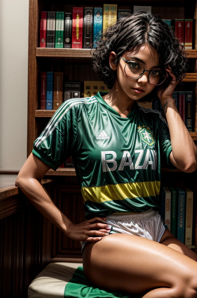 1 latina girl, black hair, short hair, curly hair, white skin, Brazil national team shirt, round eyewear, glasses, library, green eyes, solo, leaning towards viewer, black eyeliner