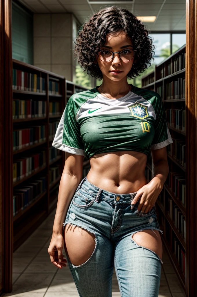 1 latina girl, black hair, short hair, curly hair, white skin, Brazil national team shirt, round eyewear, glasses, library, green eyes, solo, leaning towards viewer, black eyeliner