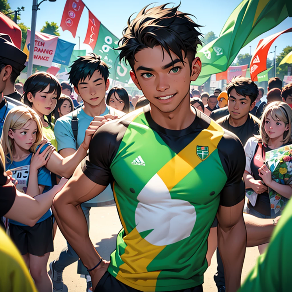 A scene of an energetic man wearing a green campaigner outfit, surrounded by people who admire and respect him. He stands confidently in the center, exuding positivity and charisma, with a friendly and approachable smile on his face. The background features a vibrant community event in a lively park, with colorful banners and decorations. People of different ages and backgrounds are gathered around him, some cheering, others shaking his hand, and a few taking photos with him, showcasing their admiration and support for his cause.
