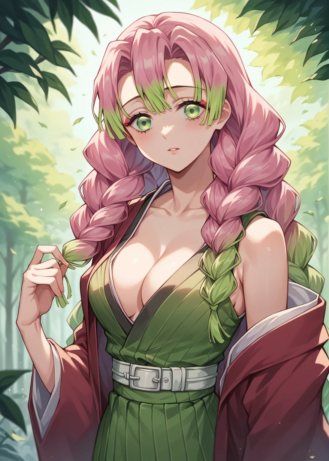 ( The most beautiful masterpiece , Beautiful light , woman ) Kanroji Mitsuri, Kimetsu no Yaiba , green eyes , pink hair green , Single person pic , Light purple yukata , red coat, In the forest , Show the evening sun
