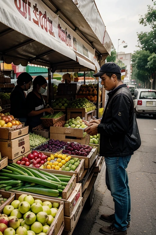 a market with many boxes of fruits and vegetables , there are many trucks ,there are 5 people selling , The place is full of people shopping..