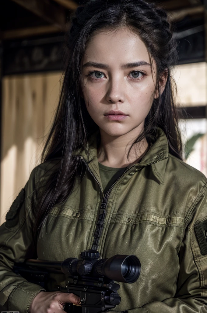 detailed photorealistic woman in military outfit, holding long-range sniper rifle, serious facial expression, intense gaze, camouflage clothing, realistic textures, intricate details, dramatic lighting, cinematic composition, highly detailed,8k, hyper realistic, cinematic style, military theme, dark moody colors
