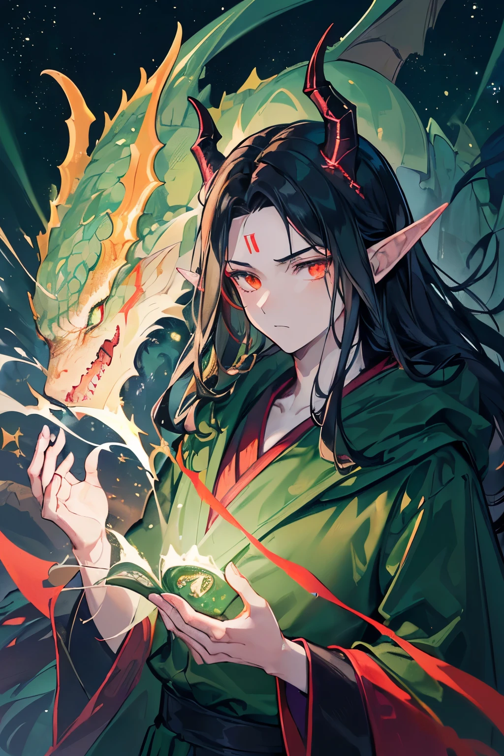 Fine, (Best Illustration), 8k Resolution, Intricate Details, Best Quality, Realistic, Ultra Detailed, Best Lighting, Best Shadows, Ultra HD, ((((Handsome Young Man))), ((age :1.5)), (glowing red eyes), (glowing eyes), ((((long black hair: 1.1))), ((dark green clothes)), (prince (indifferent expression), , (((Wearing high detail luxurious green robe))),, starry night sky, falling meteors, elf ears, ((fair skin)), with dragon horns on forehead, surrounded by giant dragons