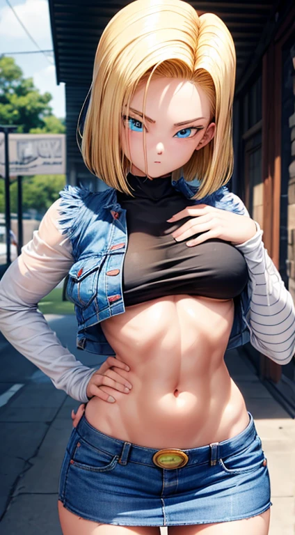 android 18, ( full length body shot), ( bokeh effect ), short fitted denim skirt, showing buttocks ), very seductive, seductively pose, blushing, fluffly, muito fluffly, Ultra High Definition, master part, ultra high-quality, ultra detailing, 8k, big breasts peeking out between her. Controls, posture holding the breasts without clothes on top, topless , Android 18 fit body. Wide hips, very short clothes, blonde hair. Piercing in oezon marked, nsfw