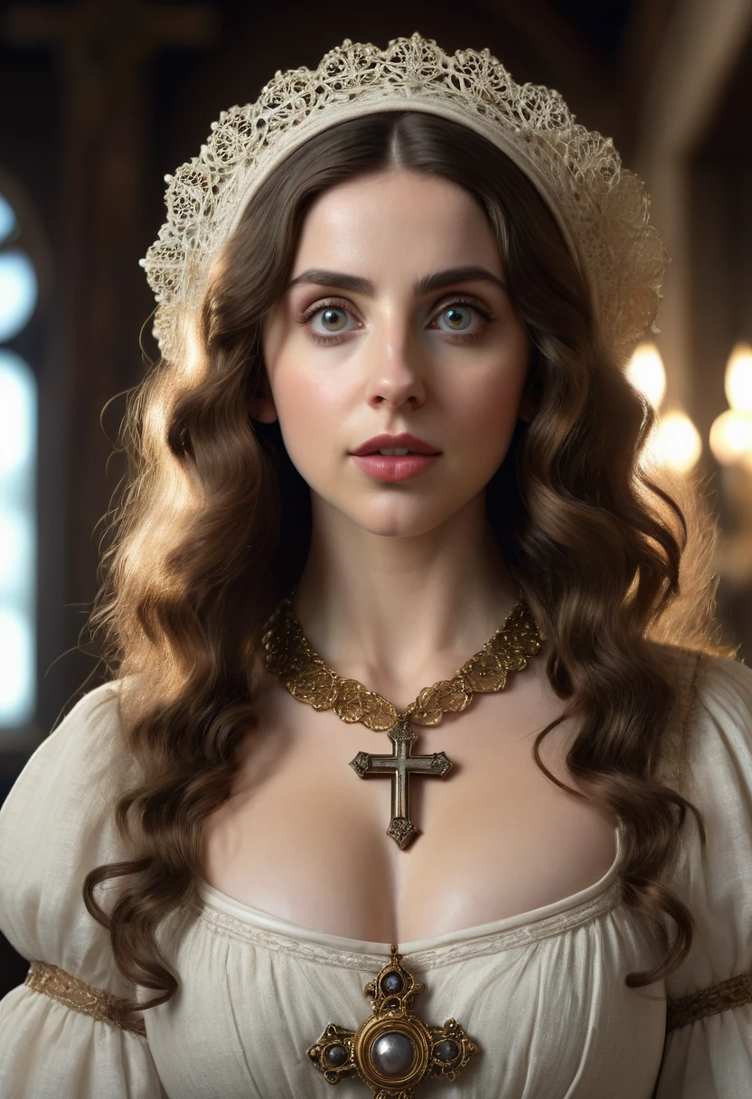 A beautful jewish women with a thick bush unibrow and a large bulbous nose. brown hair that is extremy curly and kinky, Traditional jewish dress. Ultra HD, with Rococo he symmetrical face, photorealistic photography, path tracing, specular lighting, and volumetric face light enhance the details. The scene is captured in maximum quality, masterpiece, 8K high resolution, and top quality.Alison Brie, Dove Cameron, Scarlett Johanson. Epc lighting, striking silhouette. crucifix necklace. Doe eyes. The epitome of old wpr;d beauty and charm. The symmetrical face, photorealistic photography, path tracing, specular lighting, and volumetric face light enhance the details. The scene is captured in maximum quality, masterpiece, 8K high resolution, and top quality. style of H. A. Brendekilde