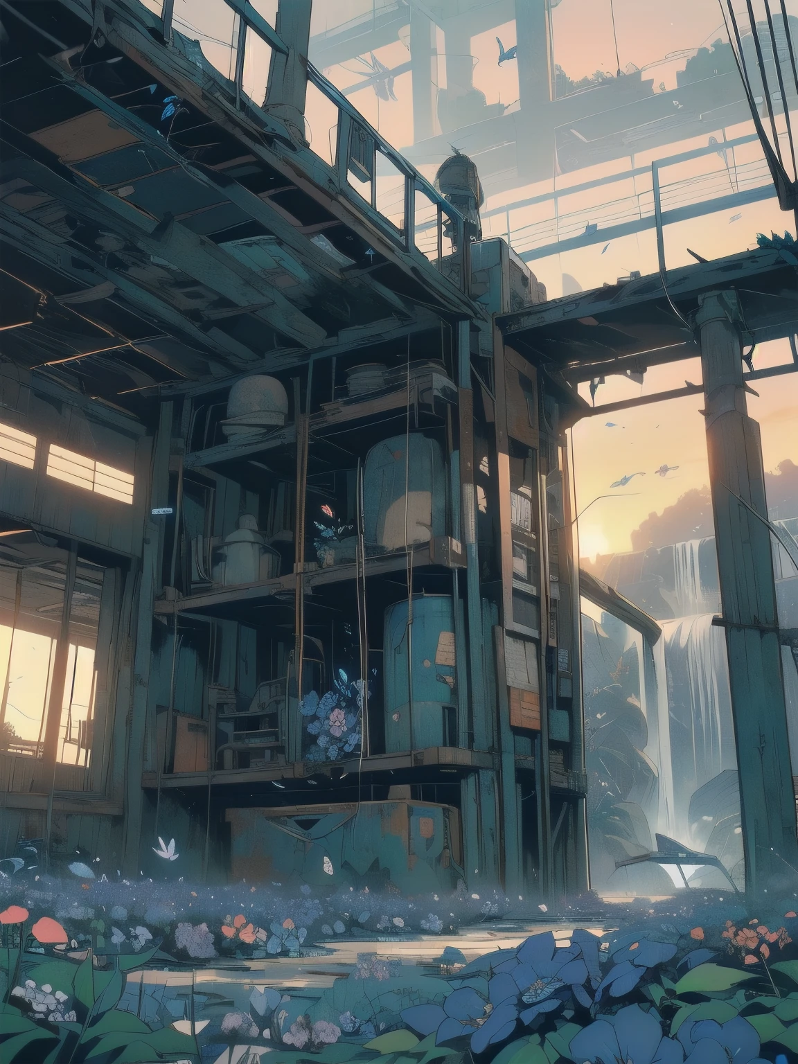 Detailed Machinery、Abandoned Factory、Atrium、(((blue flower field)))、(((Rusty heavy equipment)))、Gorgeous light leaks、(((Sunset)))、fog、Detailed Background、Highest quality、(((No humans)))、Broken heavy machinery、Complex heavy machinery、Faint lighting、(((Fluttering blue petals)))、sunset、(((Dull colors)))、(((Rusty detailed heavy machinery)))、(((Many blue flowers fly)))、(((Heavy machinery covered in flowers)))、(((Lots of butterflies)))、(((Abandoned Garage)))、(((Submersion)))、(((waterfall from the ceiling)))