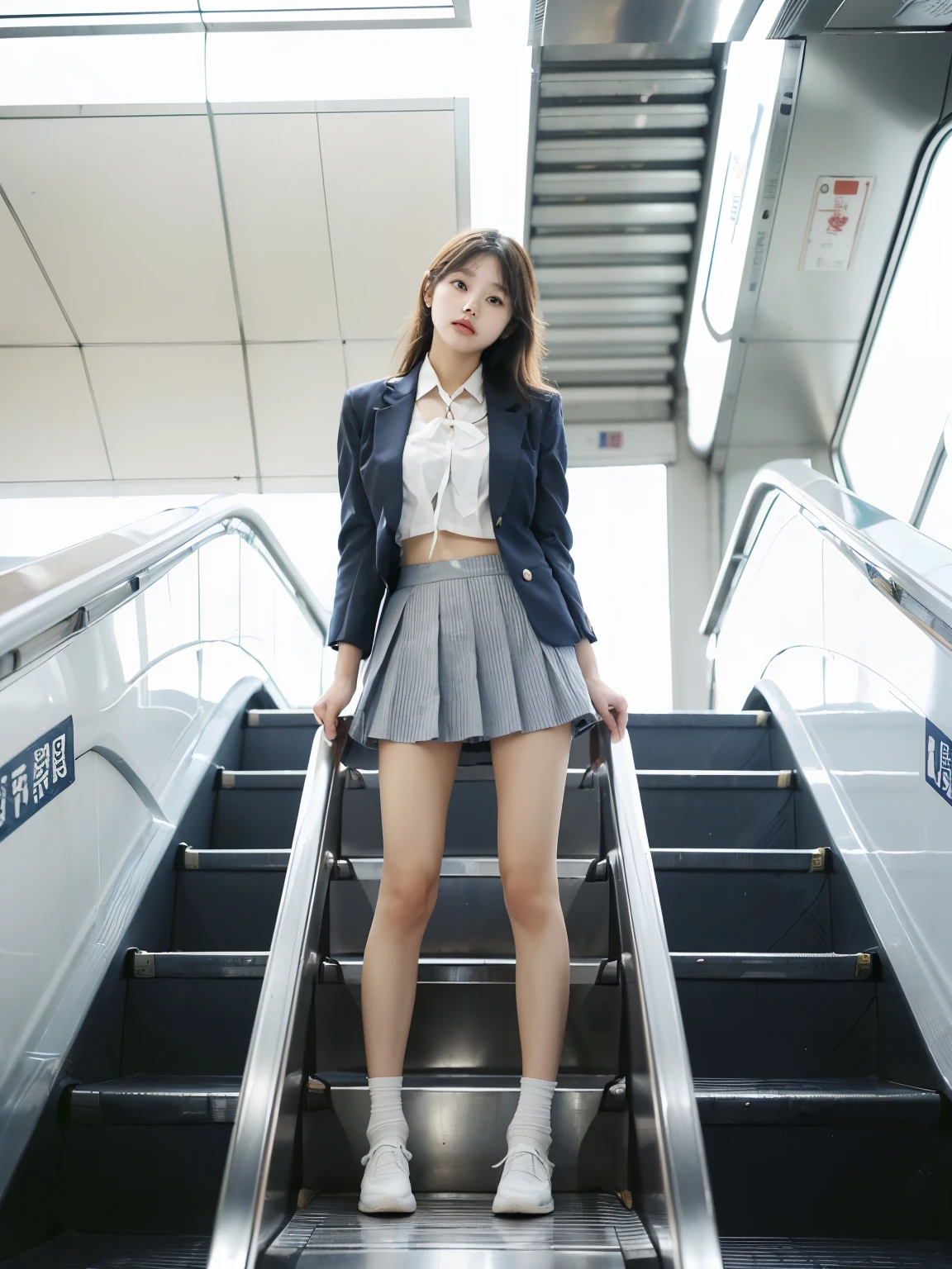((Highest quality)), ((masterpiece)), (Familiar), (A high school girl riding an escalator on her way to school)、((Full Body Shot:1.6))、(k-popのIVEのWONYOUNGにそっくりの女の子)、Japanese high school girls wearing summer uniforms、Glare、Navy Blazer、Micro Mini Skirt、Navy blue socks、(Back view)、Photo secrets、((((真From belowの眺め))))、Navy blue socksのクローズアップ、Manga panel layout、Manga Style、Station Escalator、Everybody line up on the left、(顔のみのコマとBack viewのコマ),(((From below:0.1))),((I can see the pussy line:1.3))、(((tall:1.2)))、(Thin thighs)、(((Long legs:1.2)))、(long thighs)、(Long lower legs)、(Slim ankles)、Long hands、(Slim model body shape)、(Standing at the bottom of an up escalator:1.3)、(Photo taken from the floor of the up escalator:1.3)、White panties、(((Full-body shot from the escalator:1.5))),(((撮影場所は地From below地上部に向けて全身を撮影:1.5)))