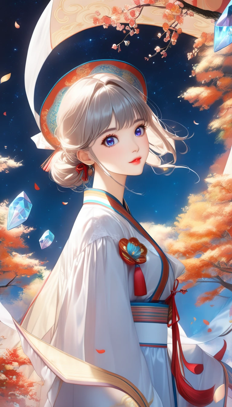 Chinese woman, Close-up of face, Soaring female figures **** Ribbon, night sky, Vibrant colors, Mysterious colors, portraiture Yanjun Cheng, 3/4 Perspective, Cute face, Low Angle, Wide Rotation Composition, Large target, Beautiful crystal eyes, Large target iris, Ultra HD, Human Development Report, 8,000, (masterpiece: 1.5), (The most beautiful portraits in the world: 1.5),full moon,two rabbits,Chinese palace ,many Kongming lanterns,