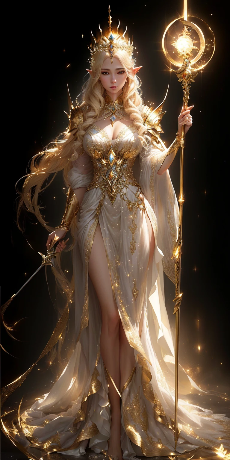 Blonde woman in white dress holding a golden scepter, ((Beautiful fantasy queen)), Beautiful and elegant elf queen, European looks,Beautiful fantasy queen, Golden goddess Athena, Shocking cgsociety, Goddess of Light, Dawn CG Club, cgsociety - w 1 0 2 4 - n 8 - i, Alexandra Fomina artstation, fantasy art behance