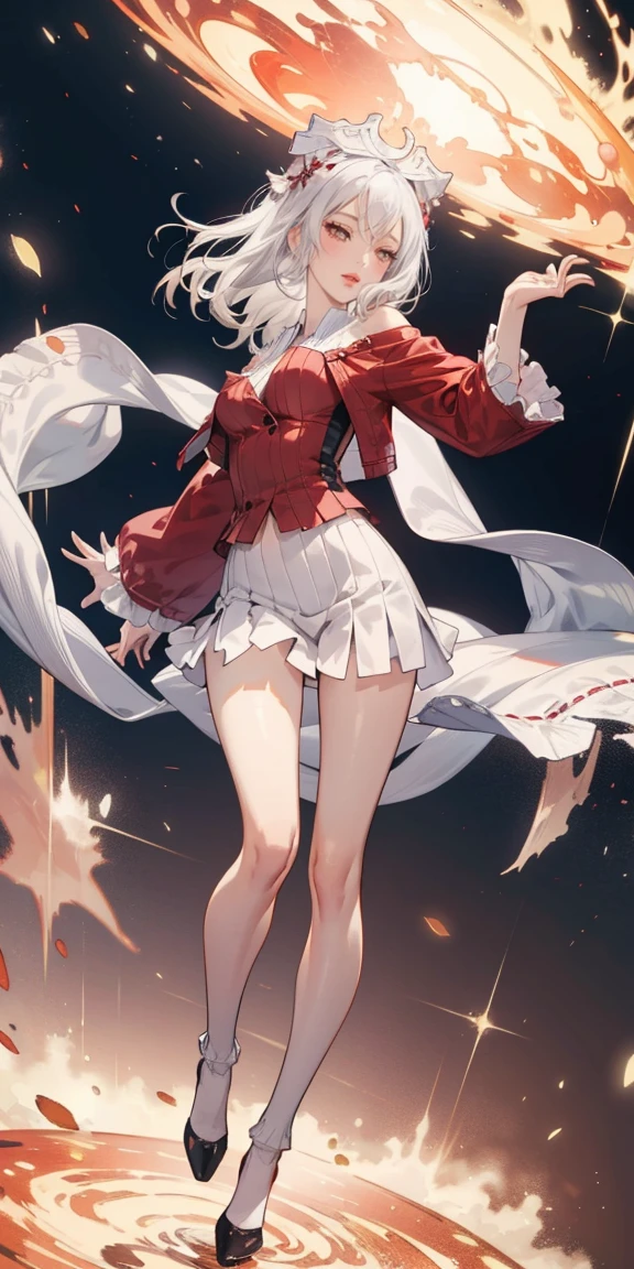 full-body close-up, create an elegant atmosphere), white short skirt, white hair shawl, graceful flowing, elegant movements, lustful smirking smile expression (red blush), floating in the air, (1girl), slim figure)