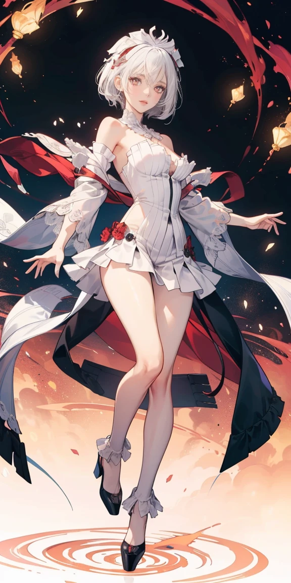 full-body close-up, create an elegant atmosphere), white short skirt, white hair shawl, graceful flowing, elegant movements, lustful smirking smile expression (red blush), floating in the air, (1girl), slim figure)
