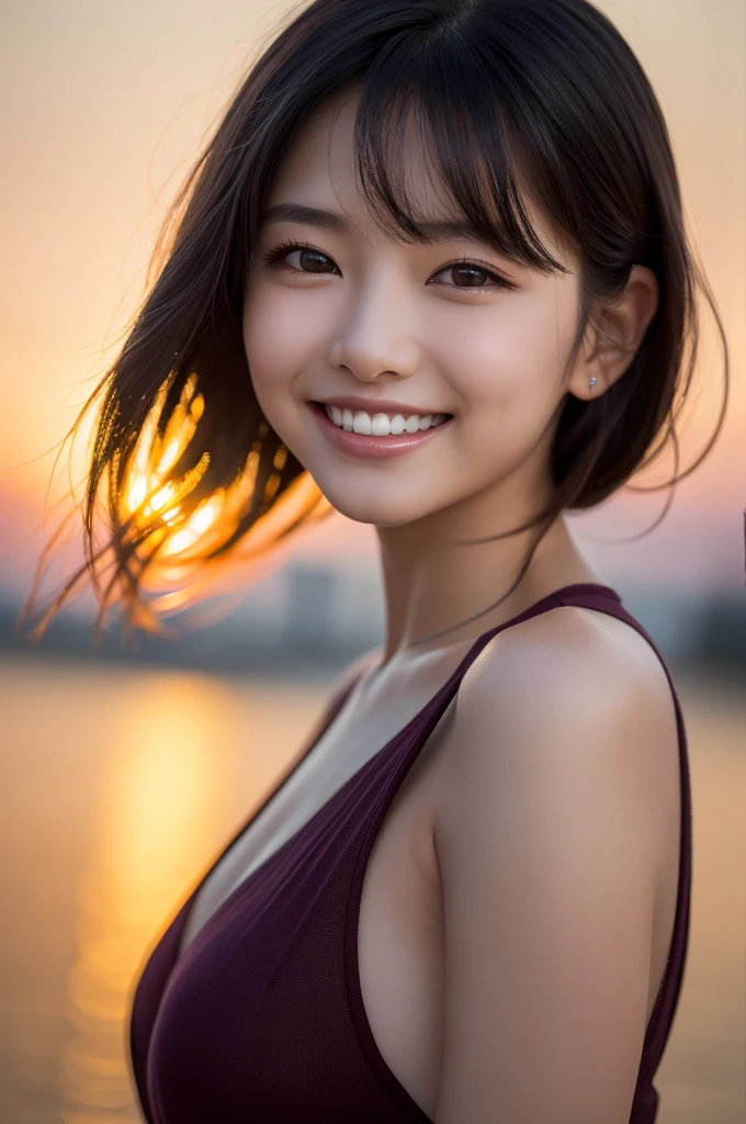 8k, (Hyper Reality: 1.35), (Realistic: 1.4), 1 Beautiful Korean Woman, smile, alone. light makeup, masterpiece, 最high quality, high quality, alone, , Latin, Puberty, Only one girl,((Perfect body)),最high quality)),((Hello)),((Very delicate and beautiful)),((Very shallow depth of field)), Hmph,((Incredibly shallow depth of field)). Familiar)), (((Very delicate and beautiful)), (((Very shallow depth of field))), Hmph, (((Unbelievably absurd))), (((Perfect body))), (((Black Hair )))) ))), ((( Camera Eye)))),(((A happy and wonderful smile))), poor, my + background, Dynamic Angle, Focus on women, {Particles of light}, Detailed background, ((Paul Hedley)), Soft lighting, (dramatic) sunset), sunset, very beautiful sunset, Live Action, Realistic, Top Angle, cute smile, (blurred background), 20-year-old, skinny, ((Wind)), ((Movement)), ((emotion)), ((colorful)), ((Beautiful Teeth)), Wither,backgroundはビーチ
