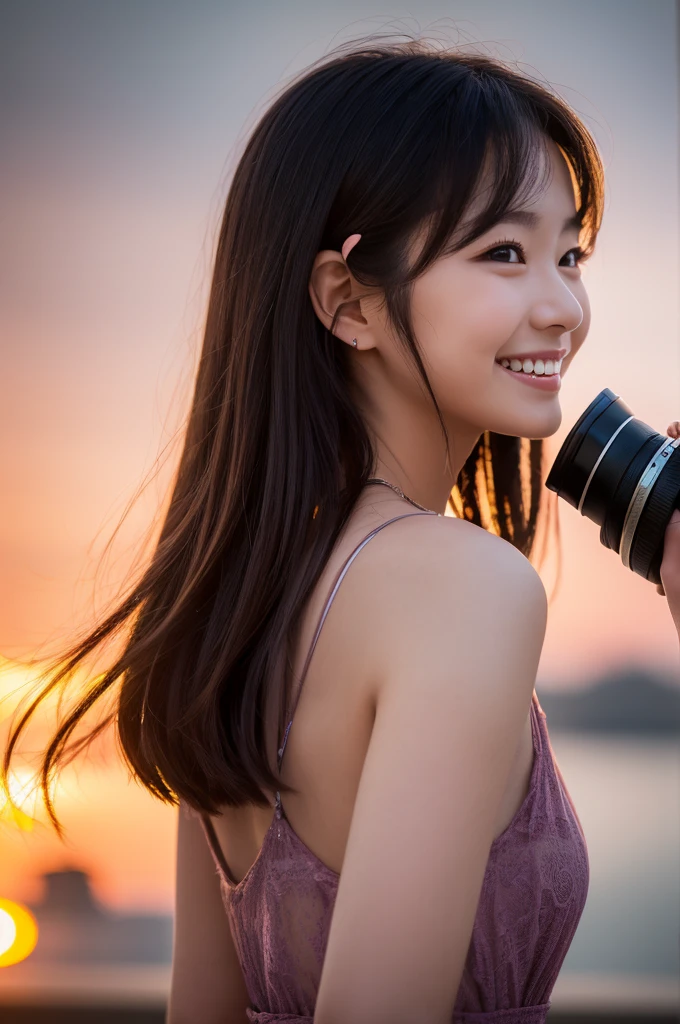 8k, (Hyper Reality: 1.35), (Realistic: 1.4), 1 Beautiful Korean Woman, smile, alone. light makeup, masterpiece, 最high quality, high quality, alone, , Latin, Puberty, Only one girl,((Perfect body)),最high quality)),((Hello)),((Very delicate and beautiful)),((Very shallow depth of field)), Hmph,((Incredibly shallow depth of field)). Familiar)), (((Very delicate and beautiful)), (((Very shallow depth of field))), Hmph, (((Unbelievably absurd))), (((Perfect body))), (((Black Hair )))) ))), ((( Camera Eye)))),(((A happy and wonderful smile))), poor, my + background, Dynamic Angle, Focus on women, {Particles of light}, Detailed background, ((Paul Hedley)), Soft lighting, (dramatic) sunset), sunset, very beautiful sunset, Live Action, Realistic, Top Angle, cute smile, (blurred background), 20-year-old, skinny, ((Wind)), ((Movement)), ((emotion)), ((colorful)), ((Beautiful Teeth)), Wither,backgroundはビーチ