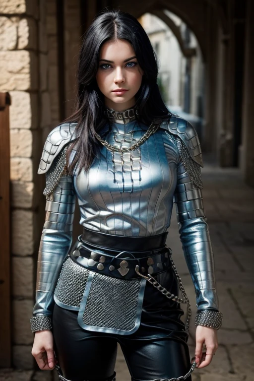 female warrior, beautiful woman, black hair, pale skin, light blue eyes, chainmail, chain shirt, leather tunic, chainmail shirt, chain link shirt