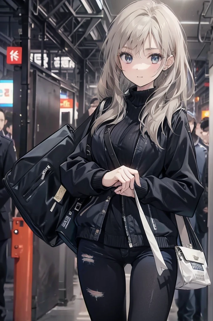 1 Girl:1.3), Solitary, __body parts__ Delicate and realistic skin, Pale skin, Large target, Official Art, Unity 16K Wallpaper, Ultra Detailed, beauty, masterpiece, best quality, Awesome atmosphere, Calming color palette, A calm mood, Soft shadows, Airline stewardess, charm,Large Breasts,Black tights,Police Uniform,((Black leggings)),sweater