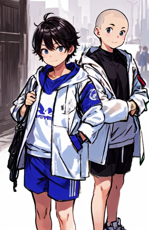 Ugly, fat, shaved-headed boys wearing white happi coats and gym shorts are standing smiling in the shrine square.。
