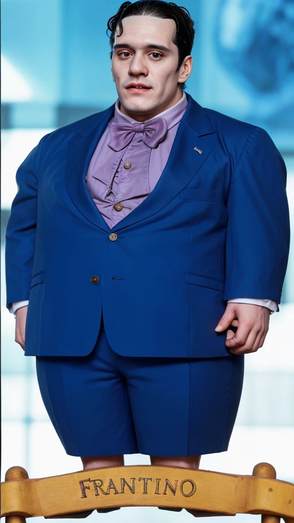 Octavio Frankenstein in a blue suit - round face - tender face - full hd hyperrealistic image 